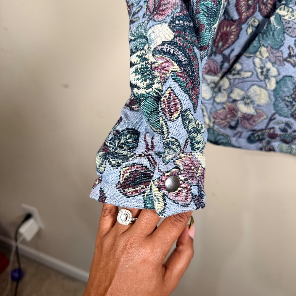 Zara Mens Blue Floral Tapestry Snap Button Jacket Chore Coat Large Maximalist - Picture 5 of 12